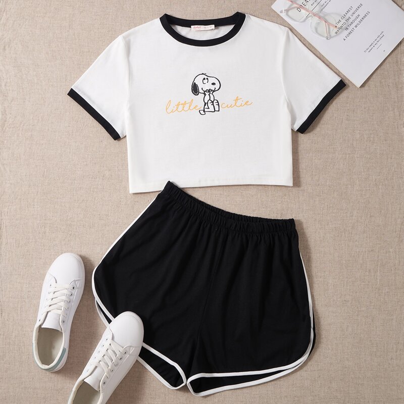 

Letter Cartoon Graphic Tee & Shorts, Black and white