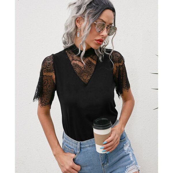 

Mock Neck Contrast Lace Panel Top, Black