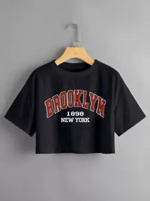 SHEIN Unity Letter Graphic Drop Shoulder Crop Tee - Black - View 1