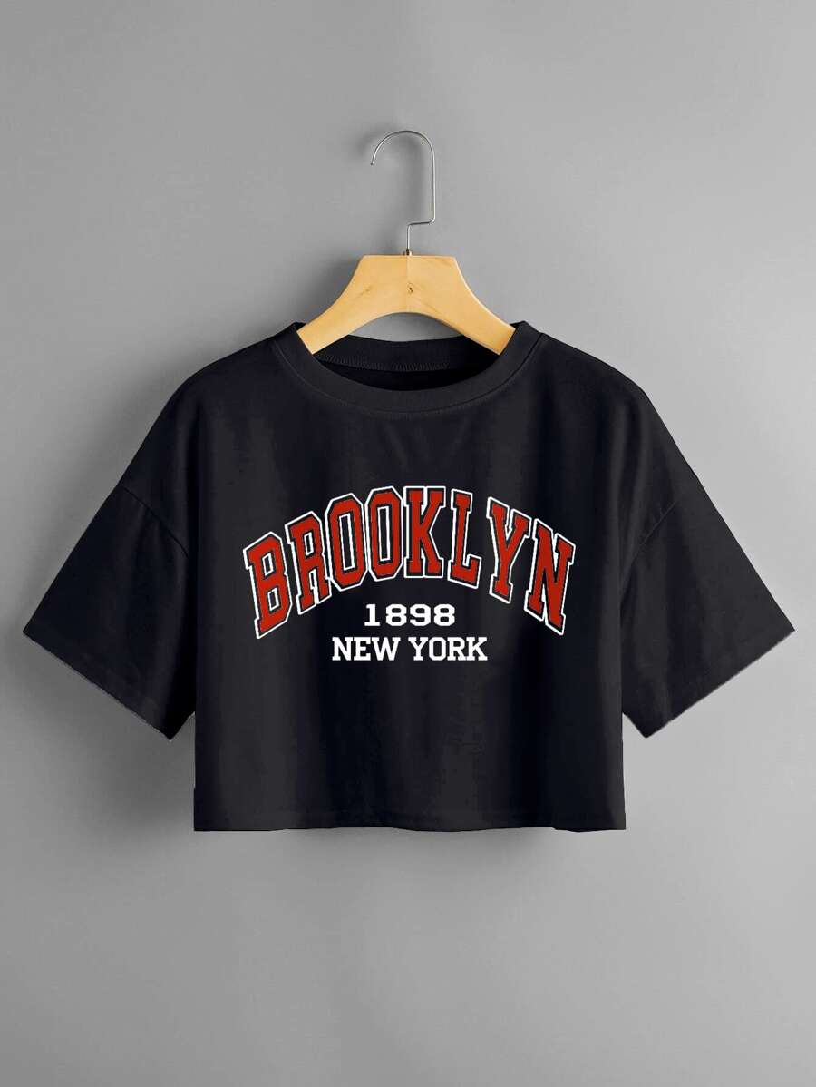 SHEIN Unity Letter Graphic Drop Shoulder Crop Tee - Black - View 1