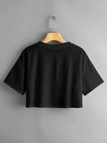 SHEIN Unity Letter Graphic Drop Shoulder Crop Tee - Black - View 2