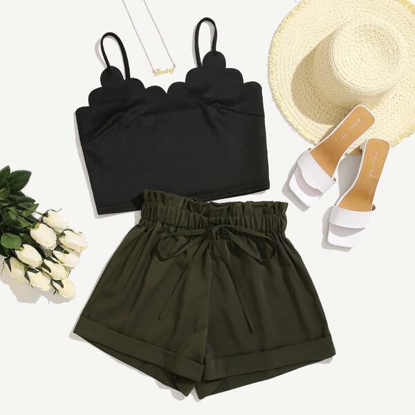

Scallop Trim Cami Top & Paperbag Waist Shorts, Multicolor