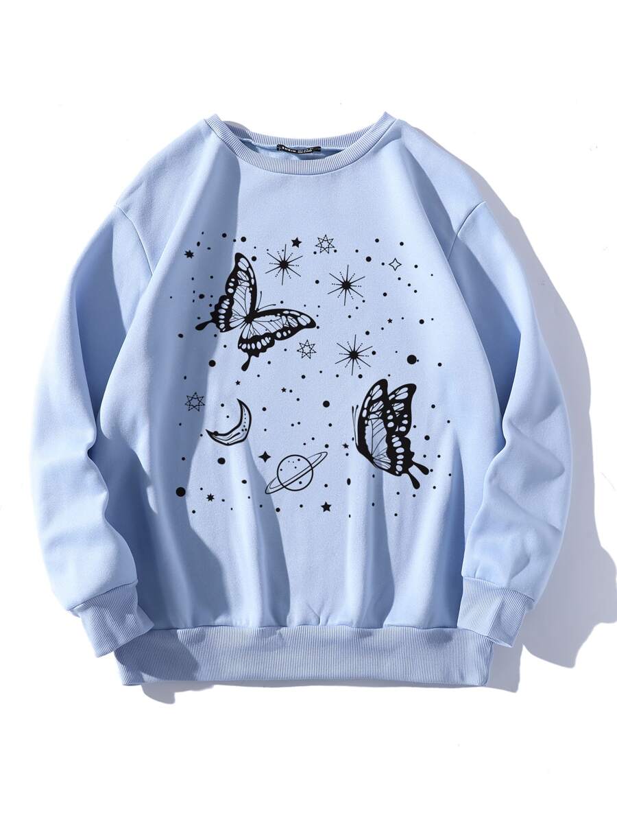 SHEIN Unity Butterfly & Galaxy Print Thermal Sweatshirt - Baby Blue - View 1