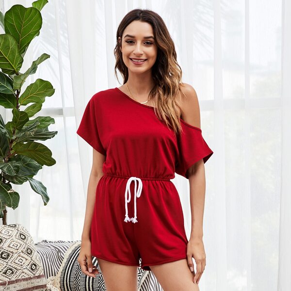 

Asymmetrical Neck Drawstring Romper, Burgundy