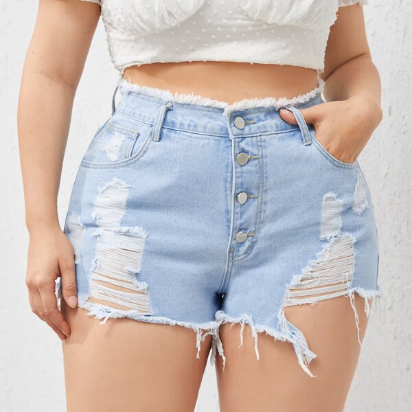 

Plus Button Fly Ripped Raw Hem Denim Shorts, Light wash