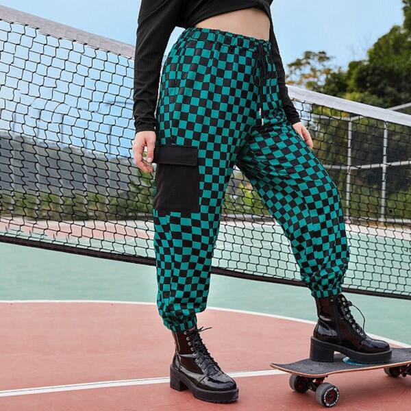 

Plus Checkerboard Print Drawstring Waist Cargo Pants, Dark green
