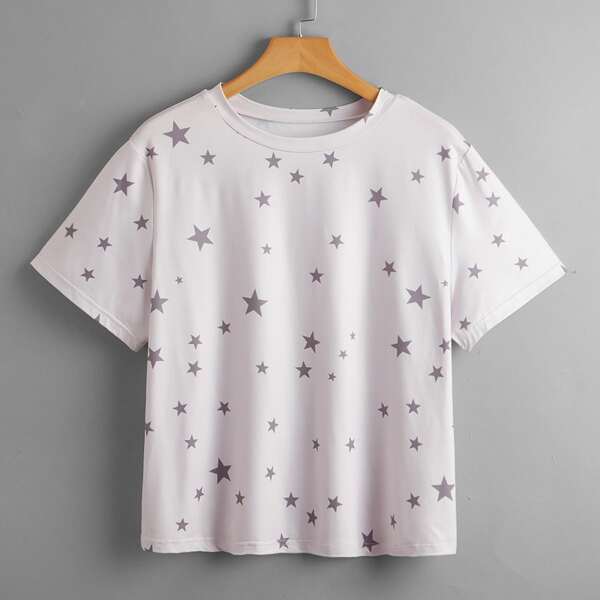 

Plus Star Print Drop Shoulder Tee, Baby pink