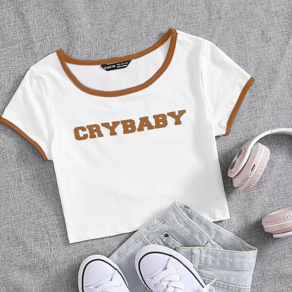 

Letter Graphic Crop Ringer Tee, White