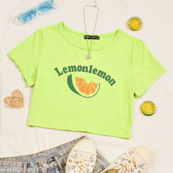 

Letter & Fruit Graphic Crop Tee, Olive green