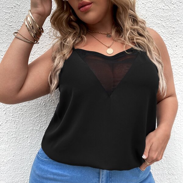 

Plus Solid Contrast Mesh Cami Top, Black