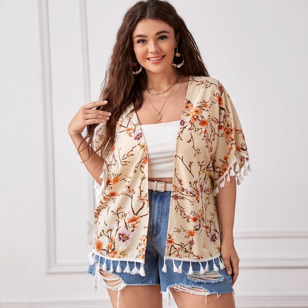 

Plus Floral Print Tassel Kimono, Apricot