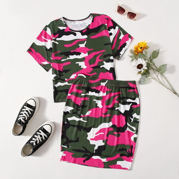 

Plus Camo Print Tee With Skirt, Multicolor