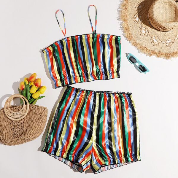 

Plus Colorful Striped Cami Top With Skirt, Multicolor