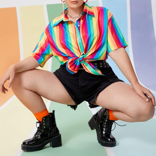 

Plus Rainbow Striped Button Up Blouse, Multicolor