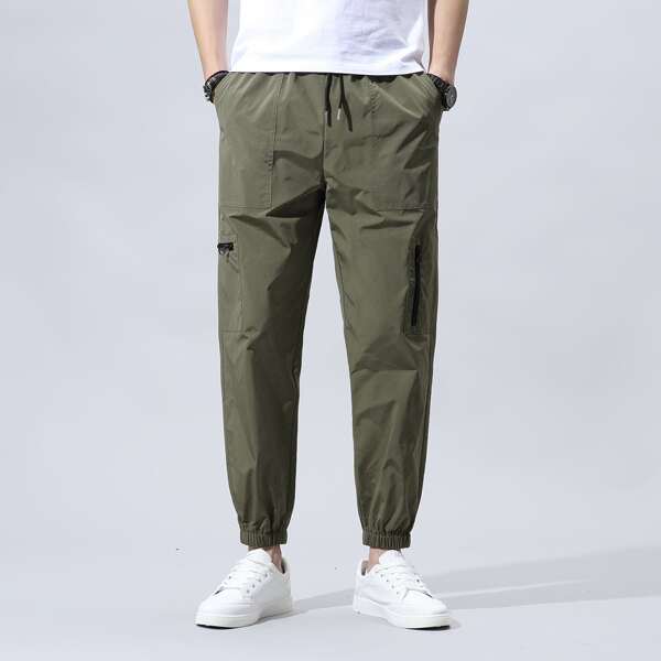 

Men Zip Pocket Drawstring Waist Cargo Pants, Army green