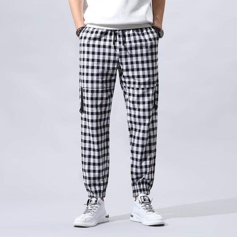 

Guys Gingham D-ring Tape Tapered Pants, Black and white
