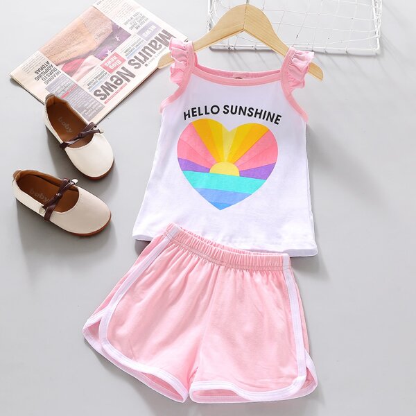 

Toddler Girls Slogan Graphic Cami Top With Contrast Binding Shorts, Multicolor