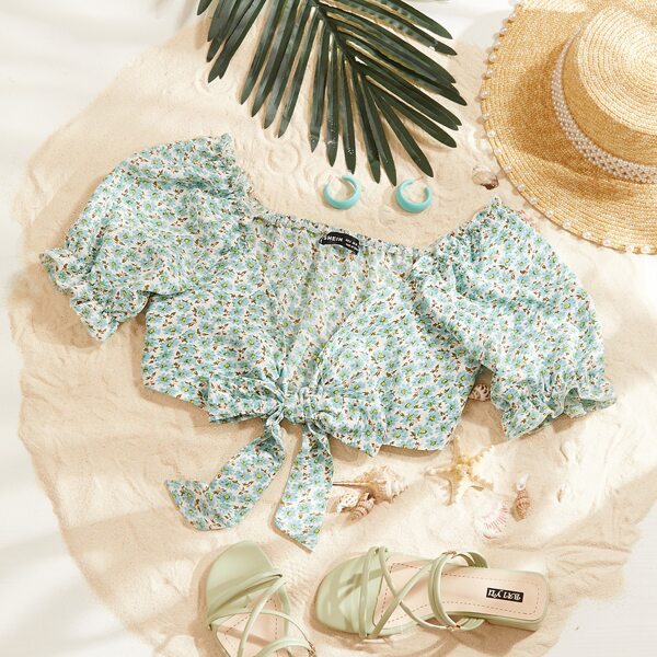 

Ditsy Floral Tie Front Milkmaid Top, Mint green