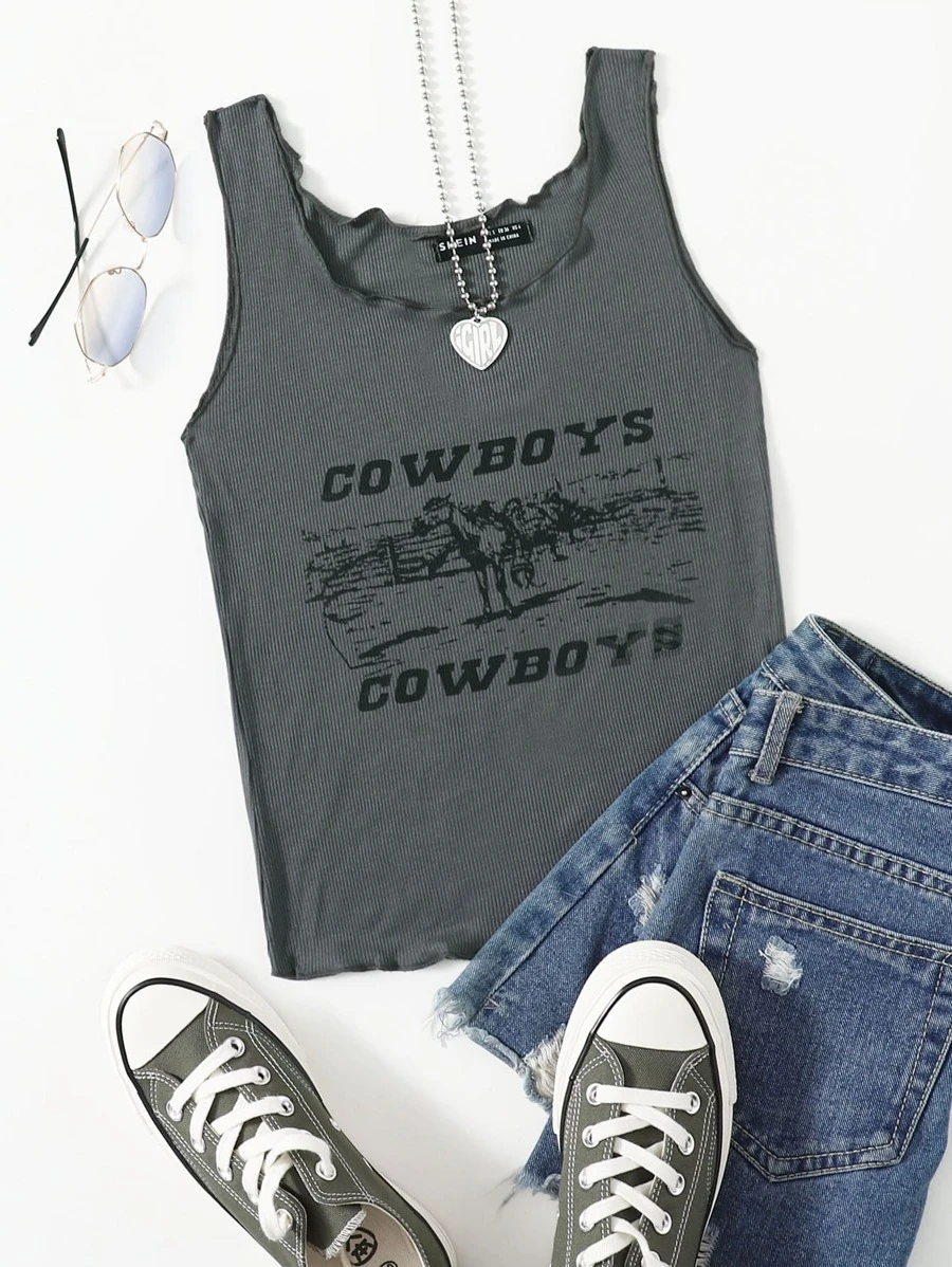 SHEIN Unity Letter And Horse Print Tank Top - Dark Grey - View 1