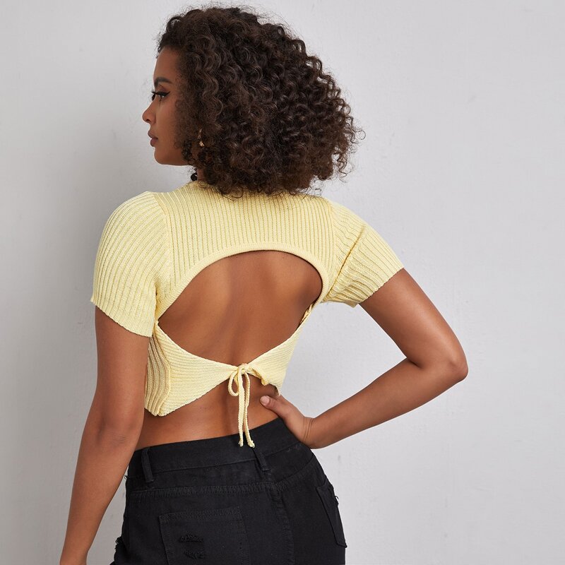 

Backless Crop Rib Knit Top, Yellow
