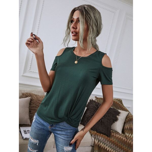 

Twist Hem Cold Shoulder Rib-Knit Tee, Dark green