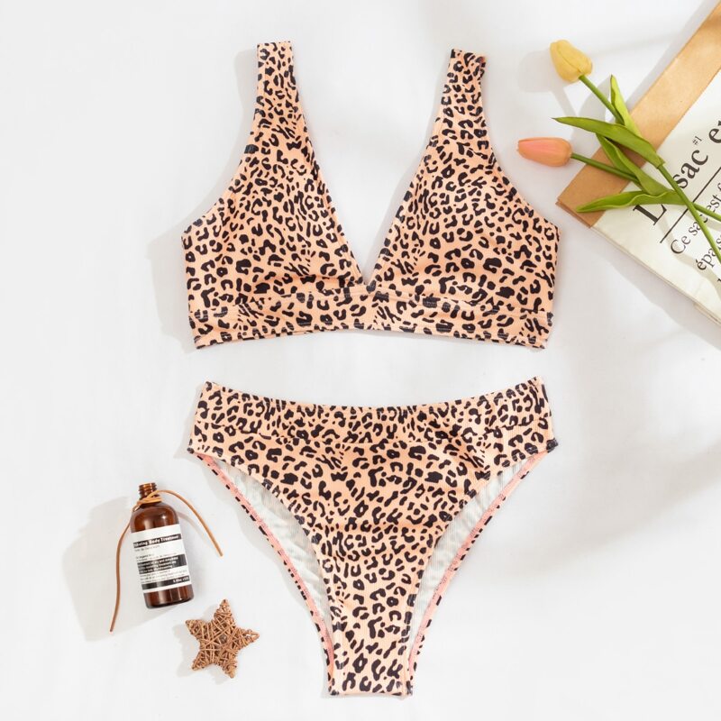 

Leopard V Neck Bikini Swimsuit, Multicolor