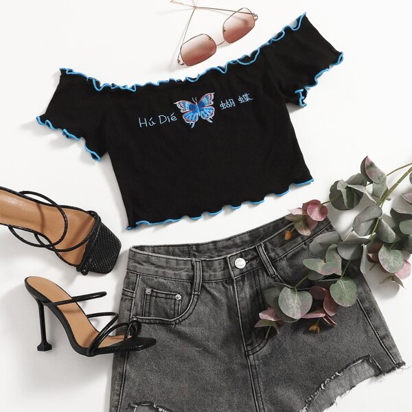 

Letter & Butterfly Embroidery Lettuce Trim Tee, Black