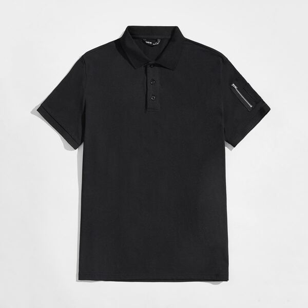 

Men Zip Arm Pocket Polo Shirt Without Chain, Black