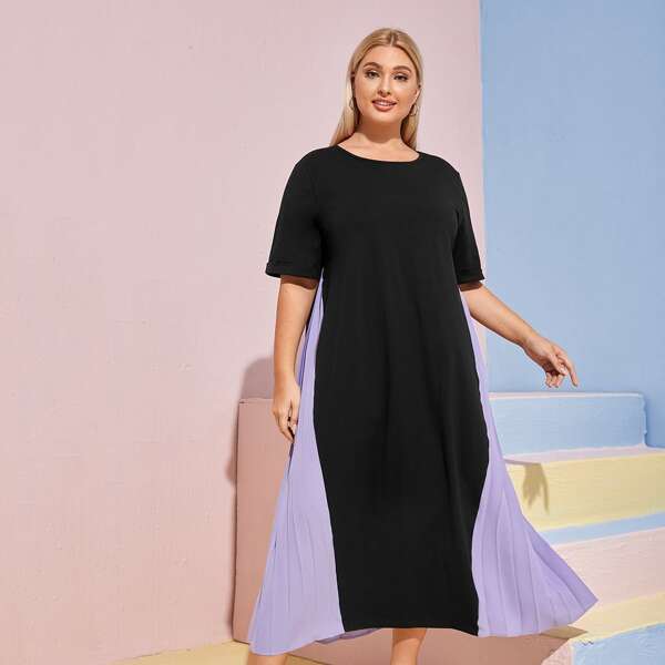 

Plus Contrast Pleated Panel Dress, Black