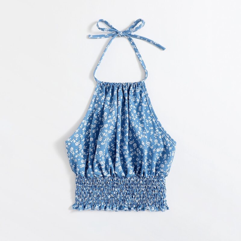 

Ditsy Floral Shirred Halter Top, Blue