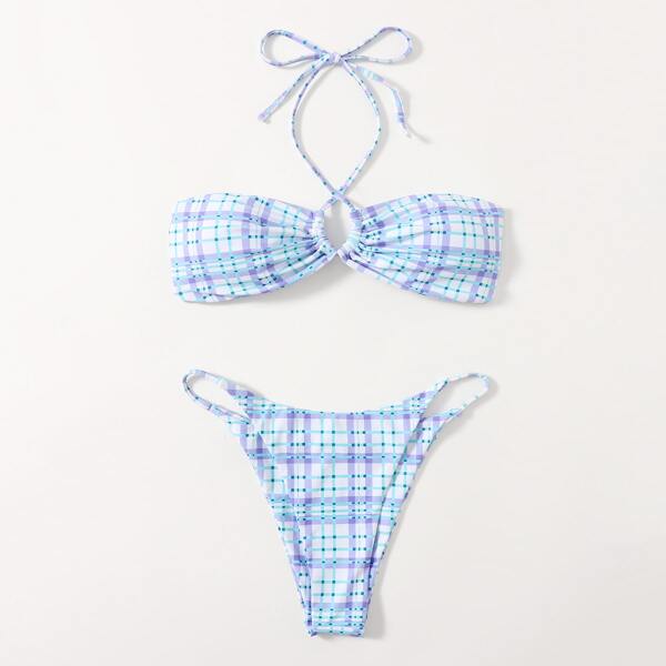 

Plaid Criss Cross Halter Bikini Swimsuit, Multicolor