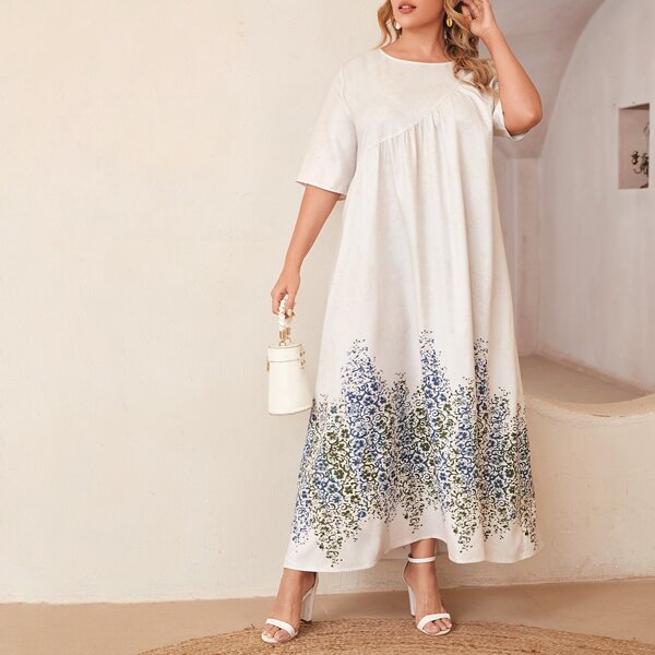 

Plus Floral Print Smock Dress, White