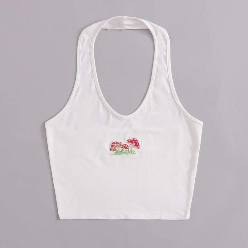 

Mushroom Embroidery Halter Crop Top, White