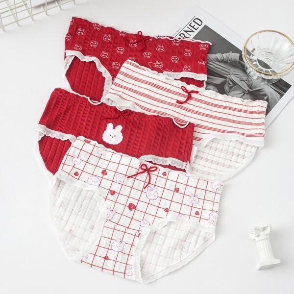 

Girls 4pcs Cartoon Graphic Bow Brief, Red and white
