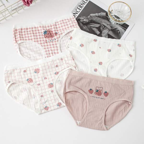 

Girls 4pcs Strawberry & Plaid Brief, Multicolor
