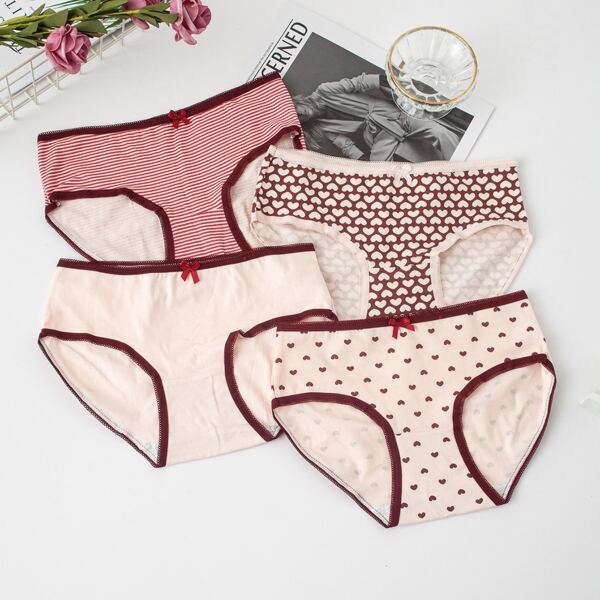 

Girls 4pcs Heart Print Bow Brief, Multicolor