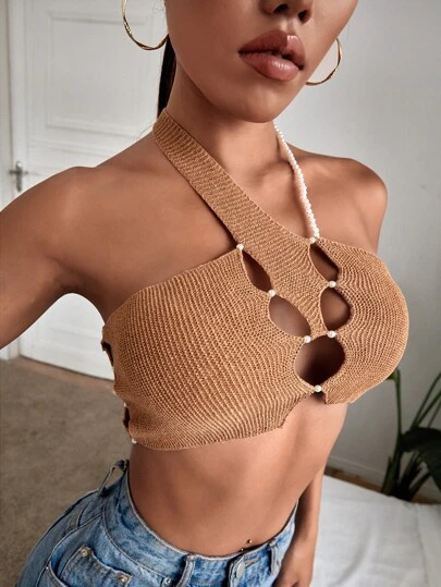 SHEIN ICON 鏤空珍珠串珠短版上衣