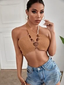 SHEIN ICON 鏤空珍珠串珠短版上衣 - 杏色 - 查看 3