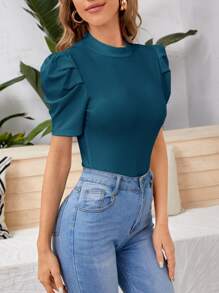 SHEIN Privé Solid Puff Sleeve Tee - Teal Blue - View 4