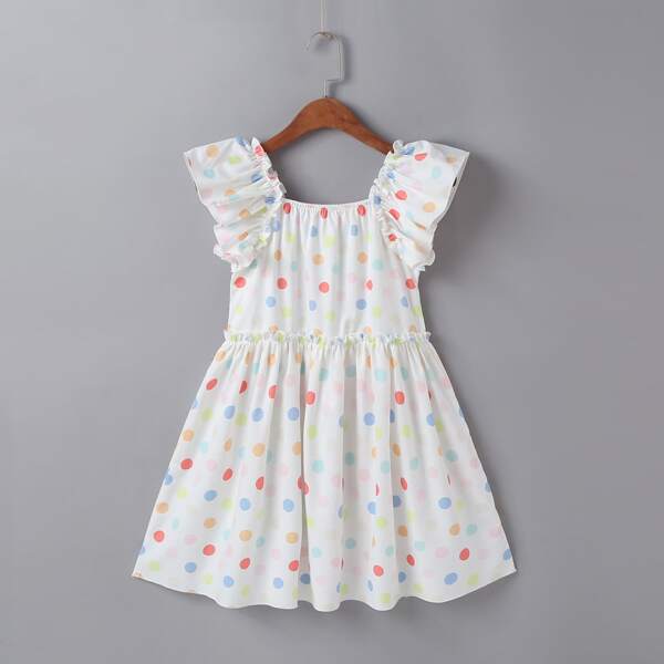 

Girls Polka Dot Ruffle Trim Dress, White