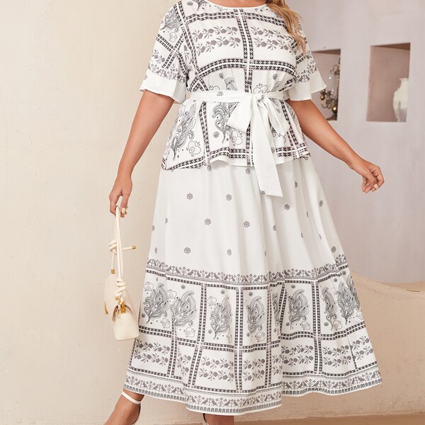

Plus Flutter Sleeve Floral Belted Top & Skirt Set, White