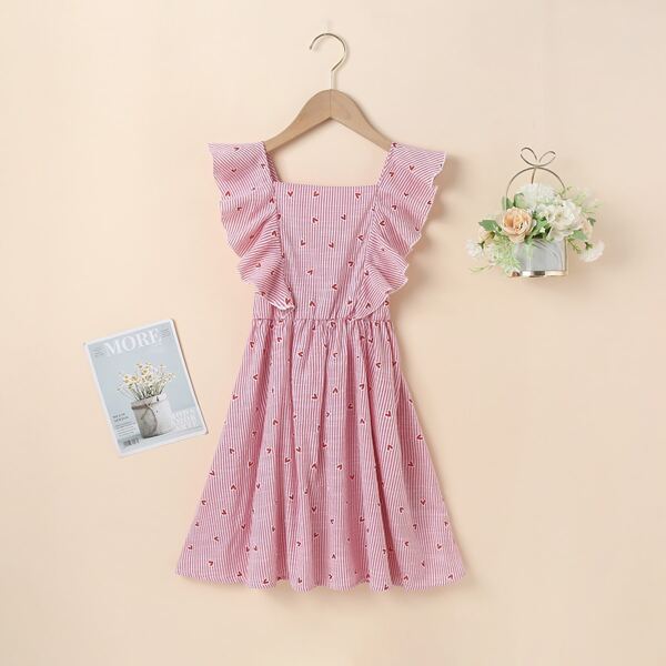 

Girls Striped And Heart Print Ruffle A-line Dress, Baby pink