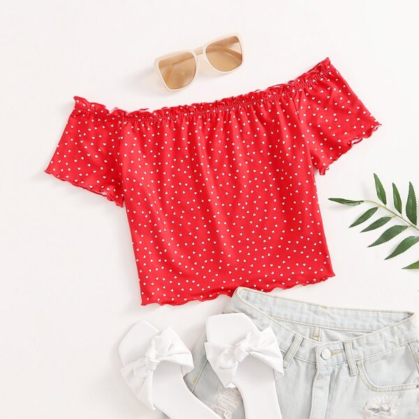 

Off Shoulder Lettuce Trim Heart Print Top, Red