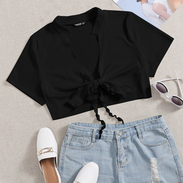 

Plus Solid Tie Front Top, Black