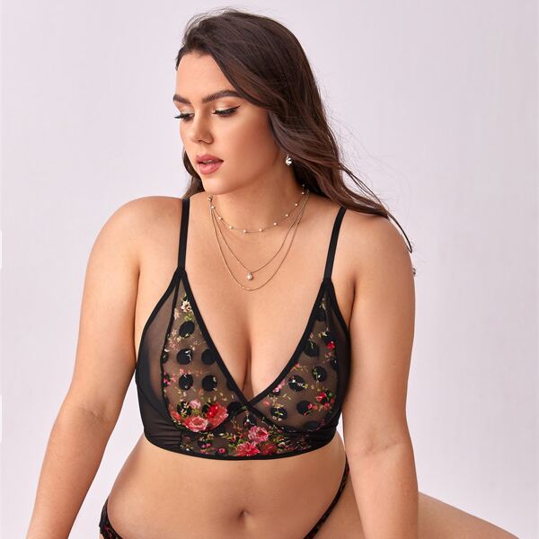 

Plus Floral Print Mesh Bralette, Multicolor