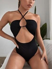 Cut Out Criss Cross Halter Bodysuit - Black - View 1