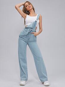 SHEIN Frenchy Adjustable Strap Denim Jumpsuit - Light Wash - View 1