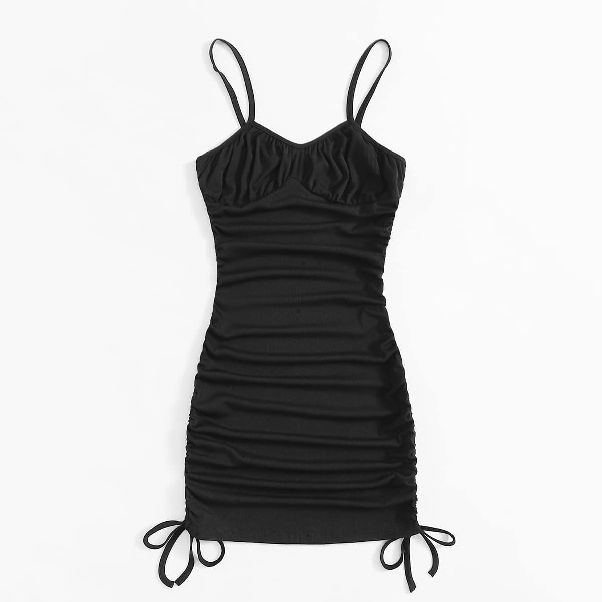 

Solid Drawstring Ruched Dress, Black
