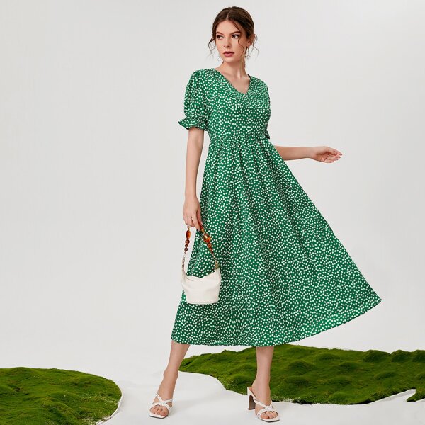 

Ruffle Cuff Ditsy Floral A-line Dress, Green