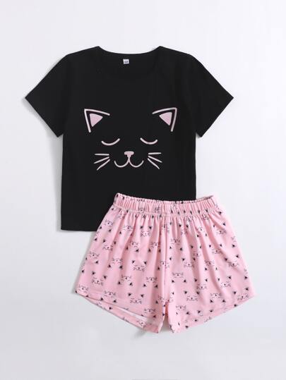 طقم بيجامة بجرافيك رسوم كارتون للبنات الصغار